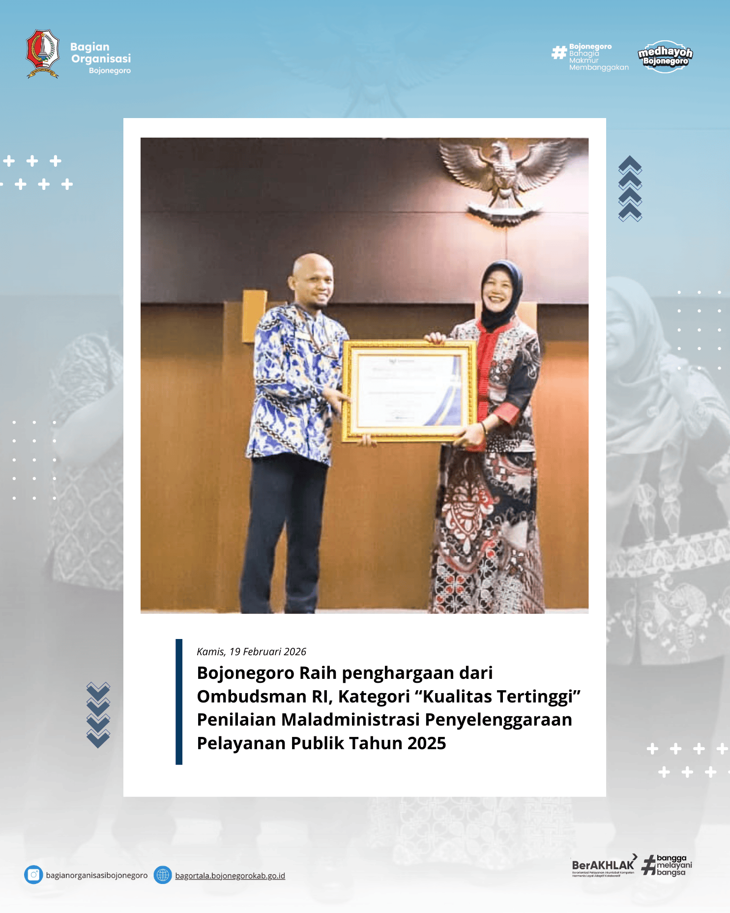 Pemkab Bojonegoro Raih Penghargaan dari Ombudsman Jawa Timur